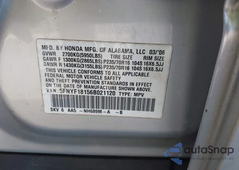 2006 Honda Pilot Lx from USA, damaged, VIN 5FNYF18156B021120